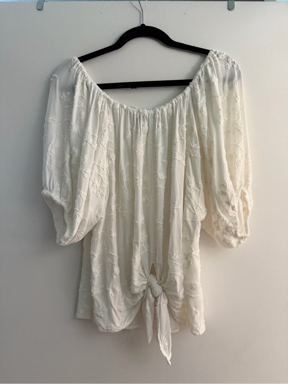 Karen Kane Ivory Embroidered Tie-Front Peasant Blouse
